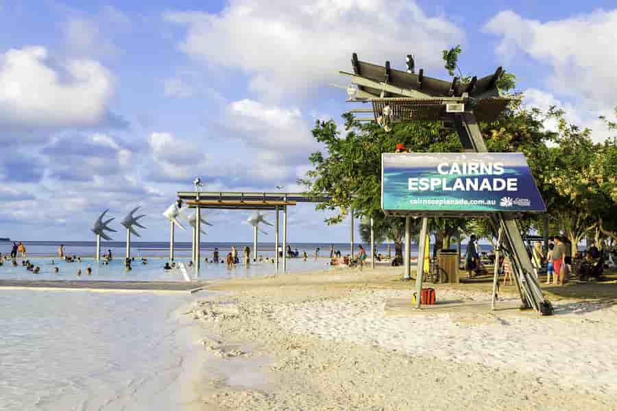 Cairns Esplanade beach with sign